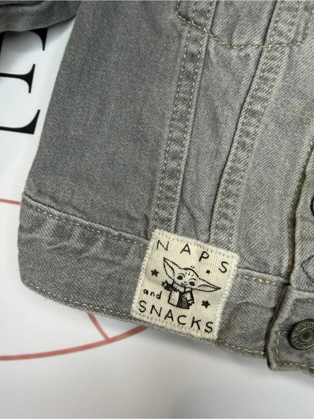 GAP Gray Denim Kids Jacket with Grogu & Patch Accents
